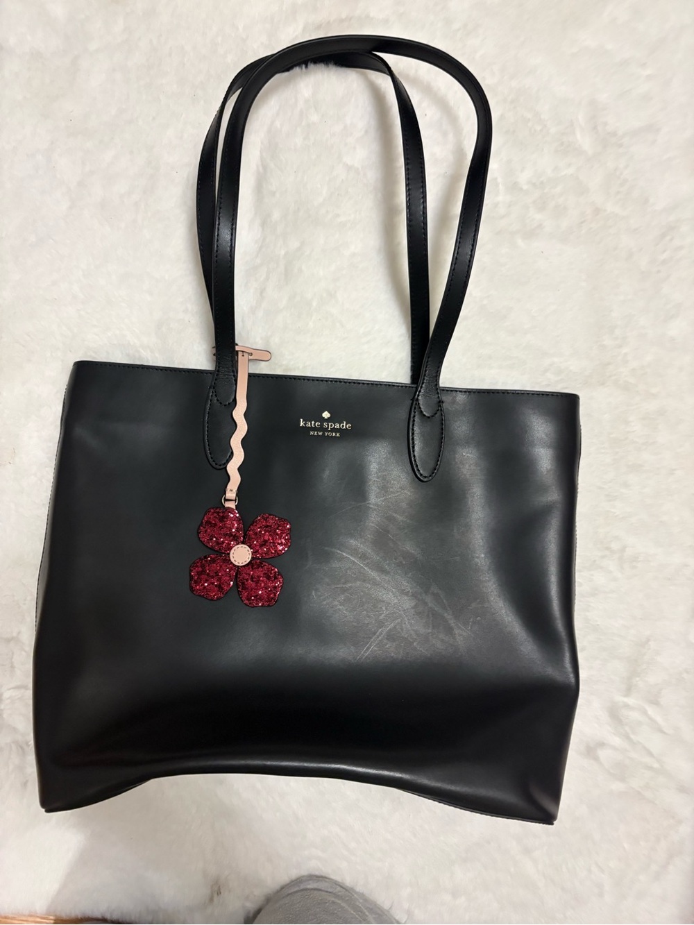 kate spade Black Leather Shoulder Tote with Red Sequin Flower Charm - Picture 5 of 6